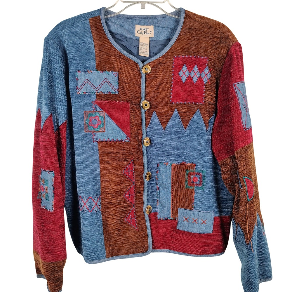 Koret City Blues Womens XL Patchwork Cardigan Multicolor Knit Art to Wear Artsy